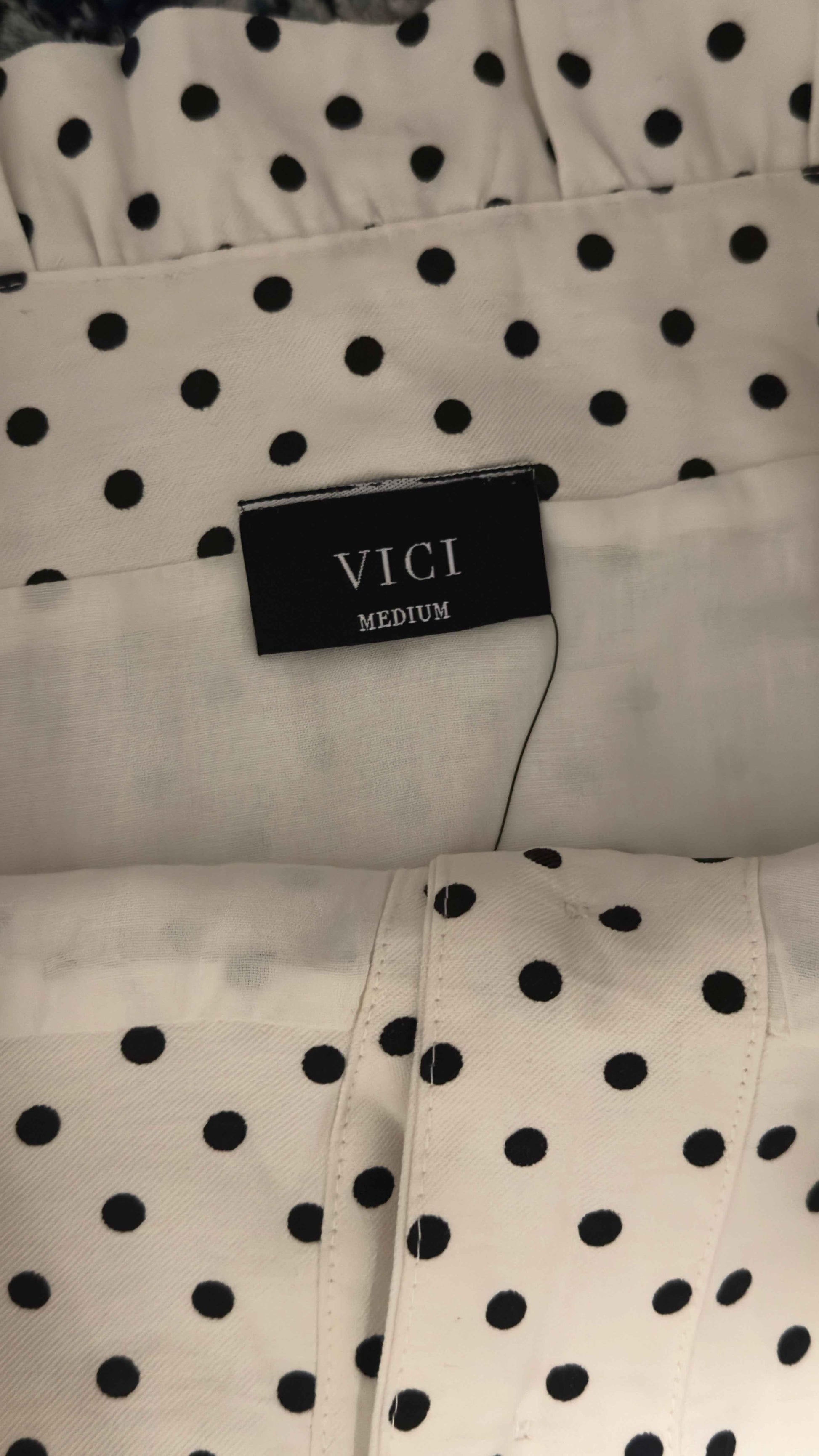 VICI white polka dot dress with black label, medium size, close-up fabric view