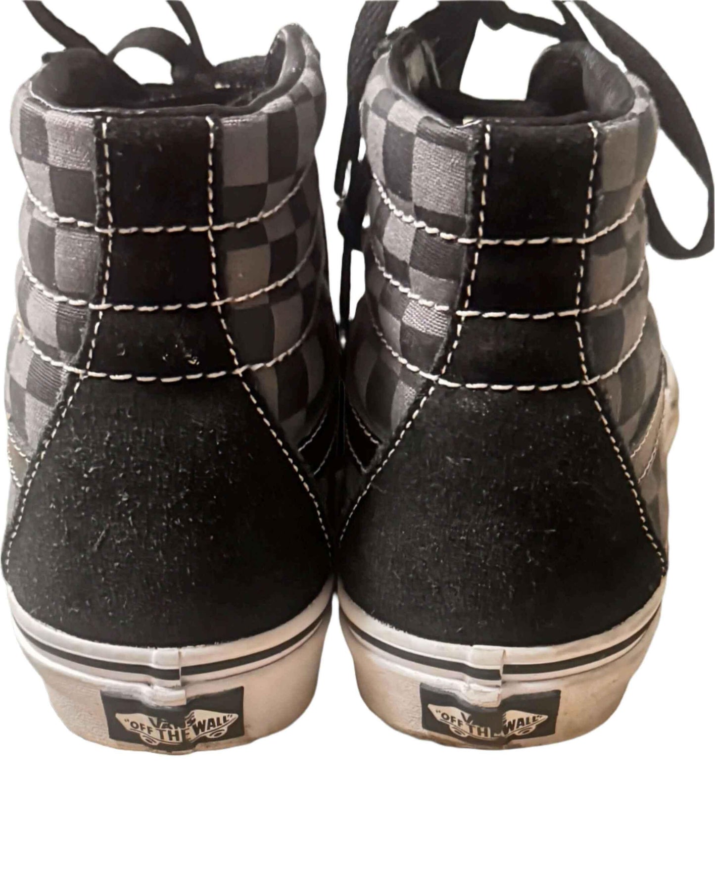 Rear view of black and grey checkered Vans high-top sneakers on white background