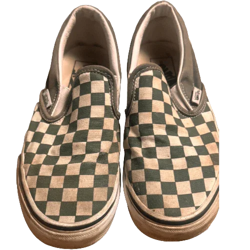 Green checkered Vans slip-on sneakers with white soles on a plain background
