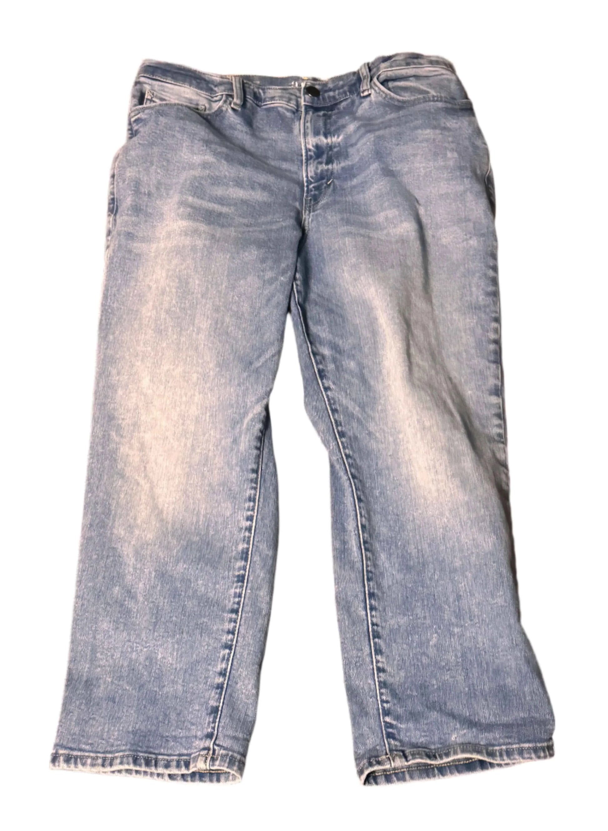 Light wash straight leg denim jeans, front view, isolated on white background