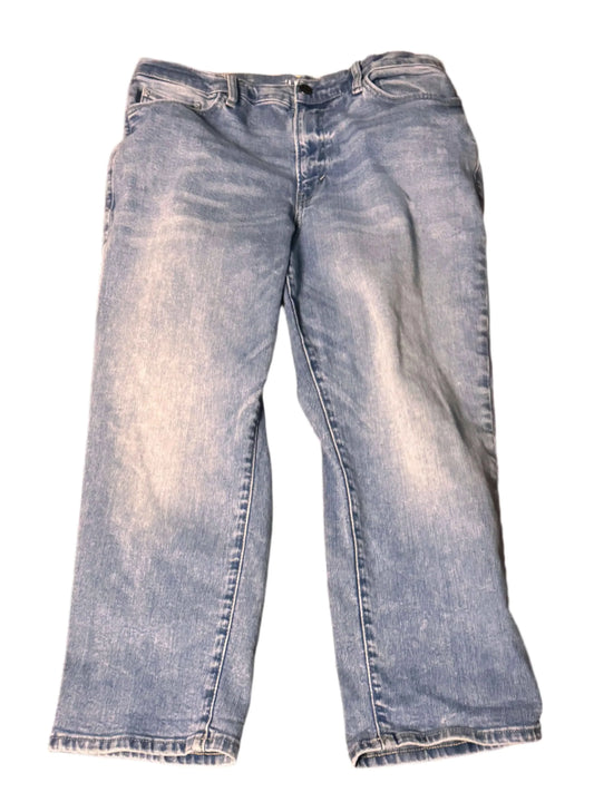 Light wash straight leg denim jeans, front view, isolated on white background