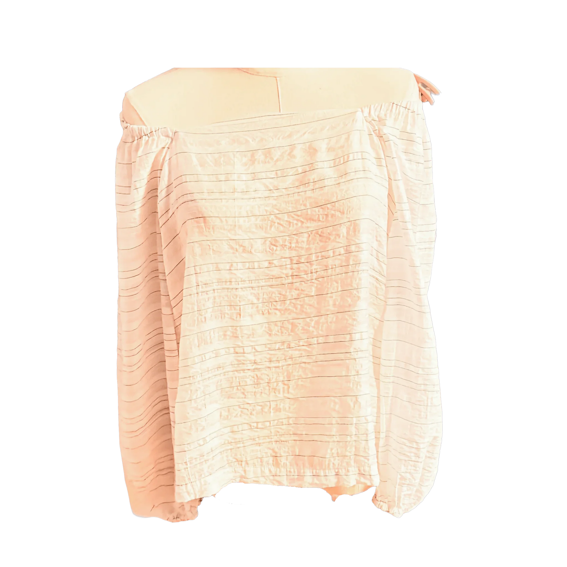 Peach off shoulder blouse with textured stripes, loose fit, displayed on mannequin