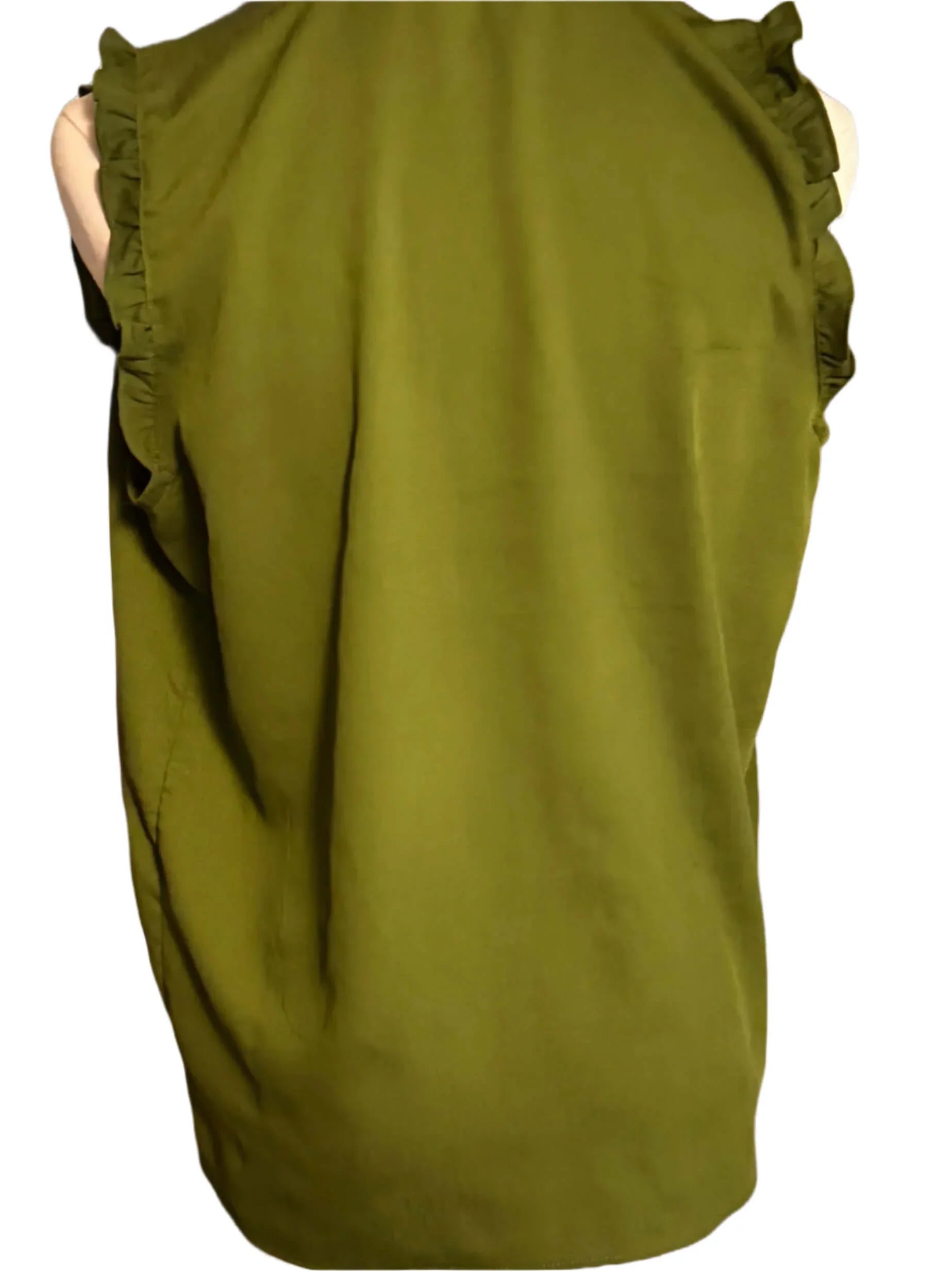 Olive green sleeveless blouse with ruffle trim on armholes, back view