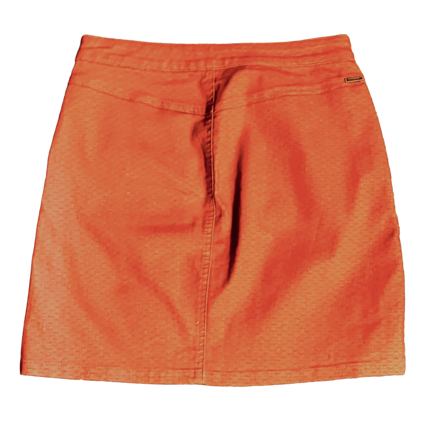 Back view of orange textured skirt with seam detail on plain background