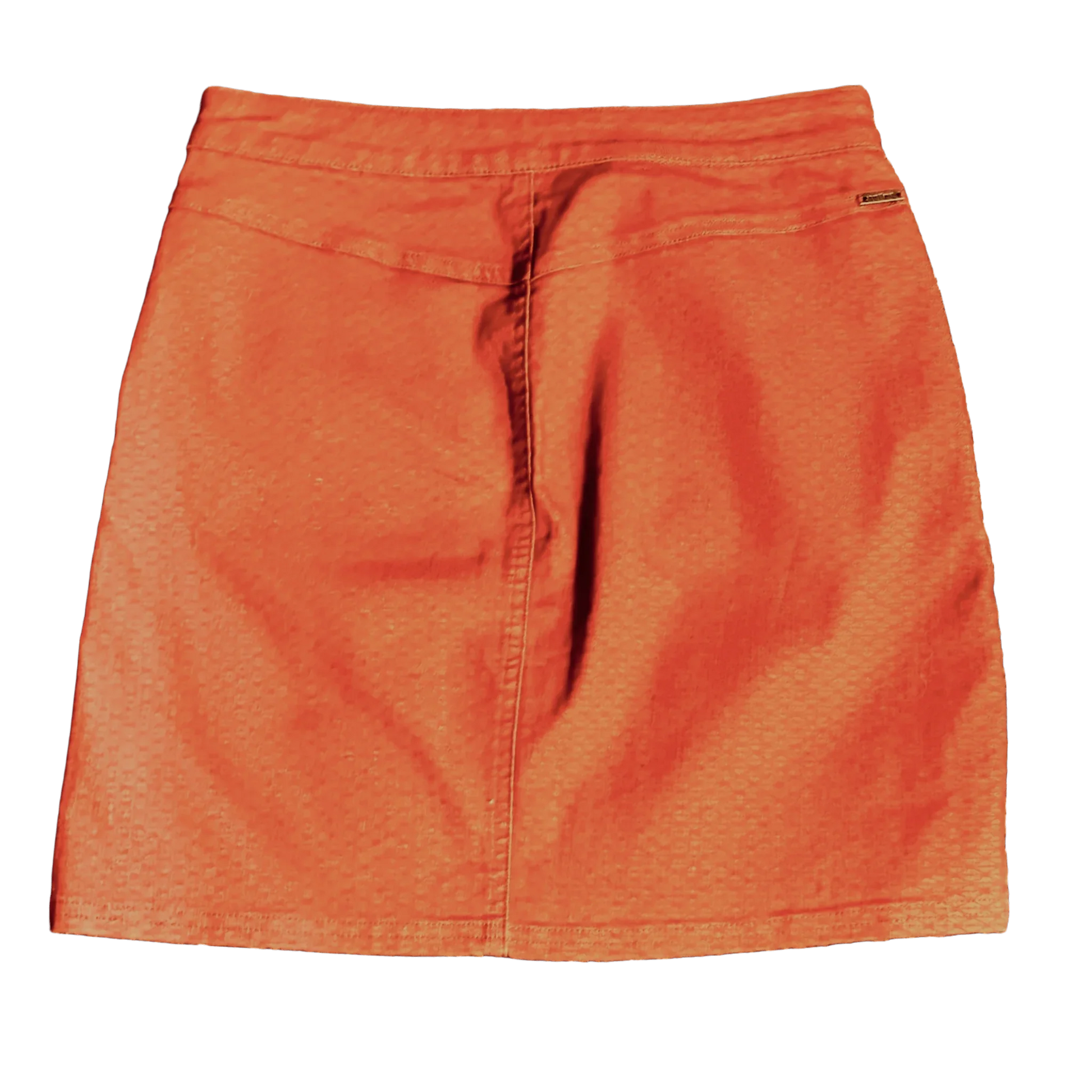 Back view of orange textured skirt with seam detail on plain background