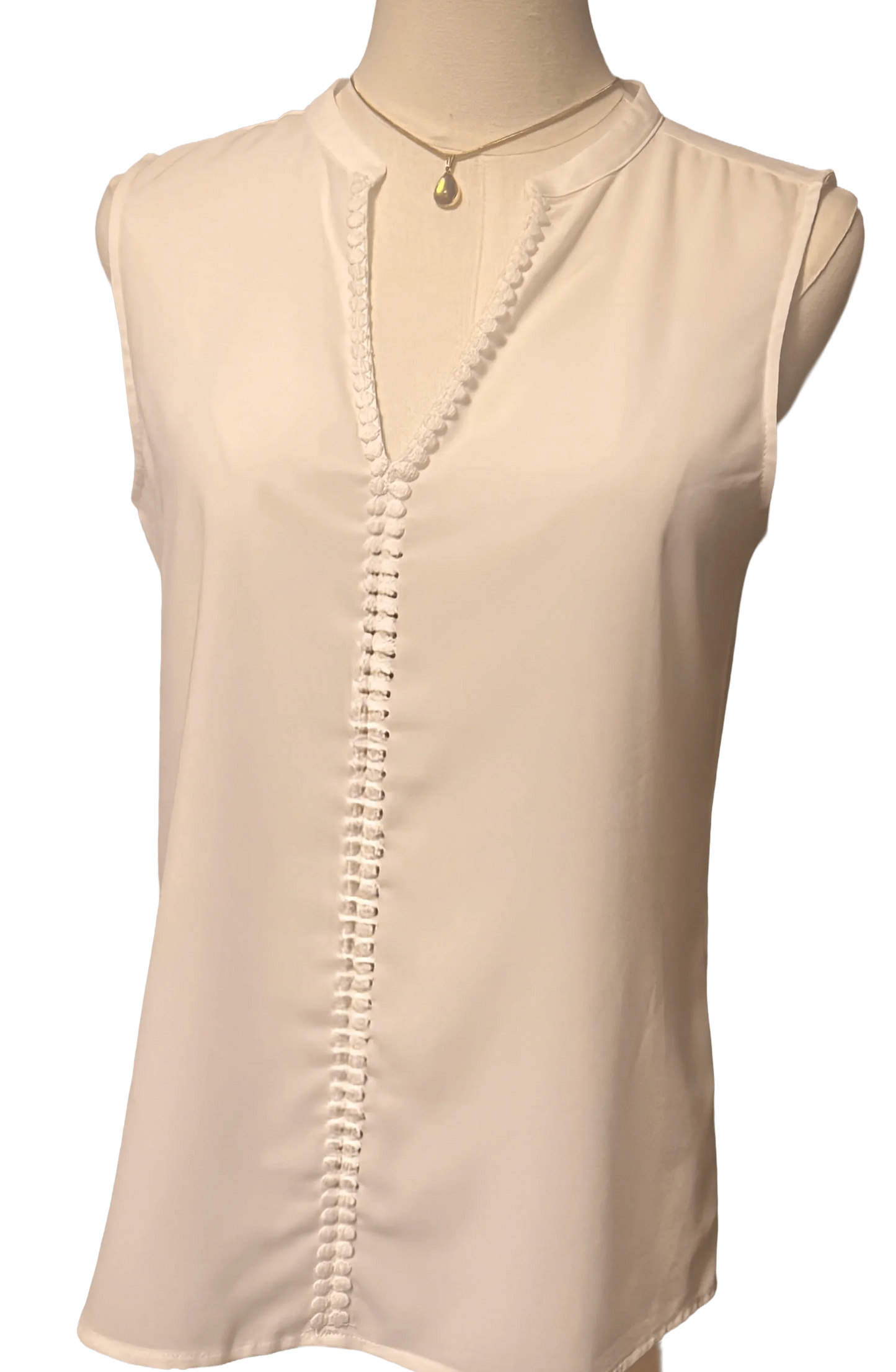 White Banana Republic sleeveless blouse with front buttons on mannequin
