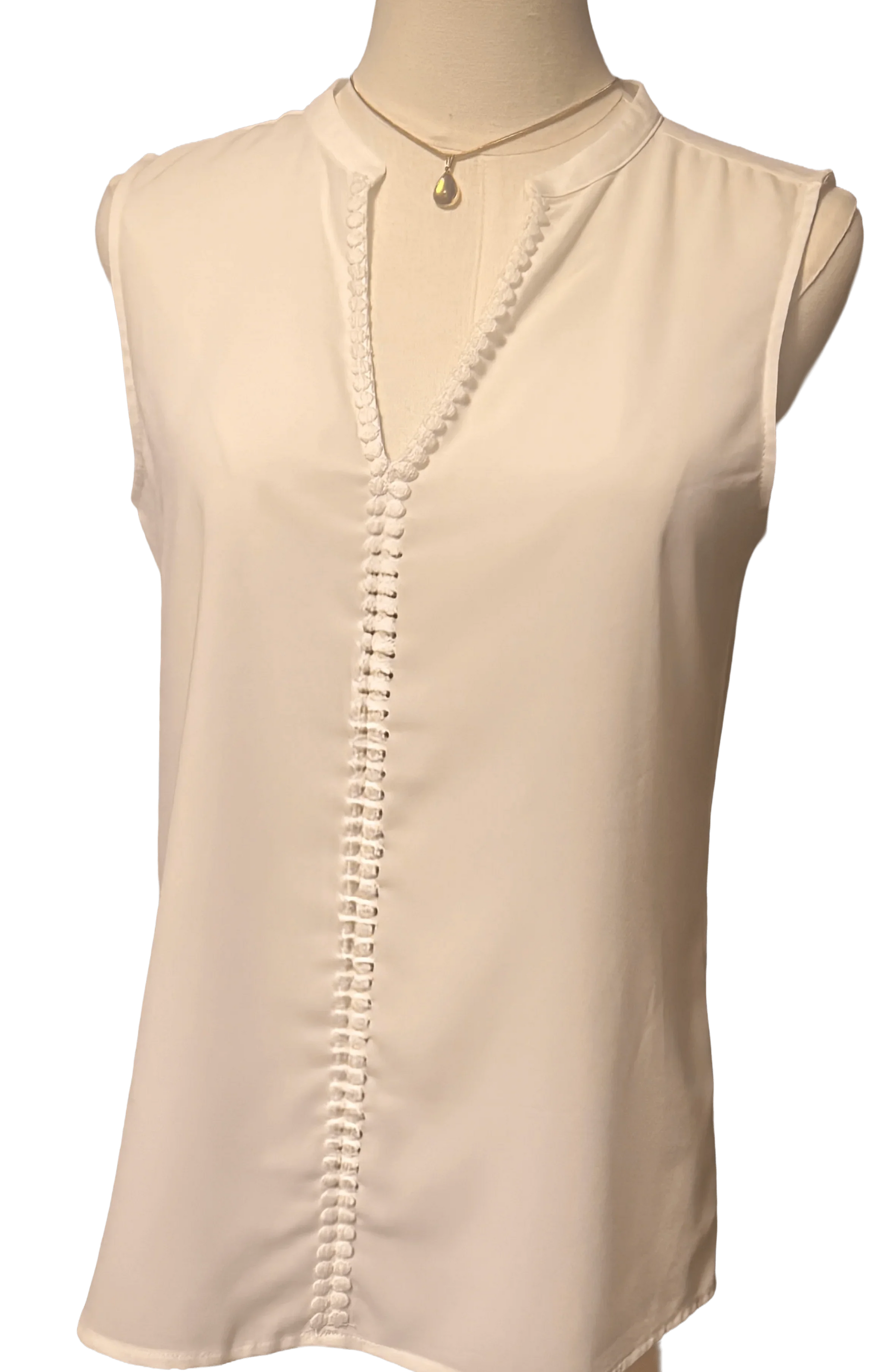 White Banana Republic sleeveless blouse with front buttons on mannequin
