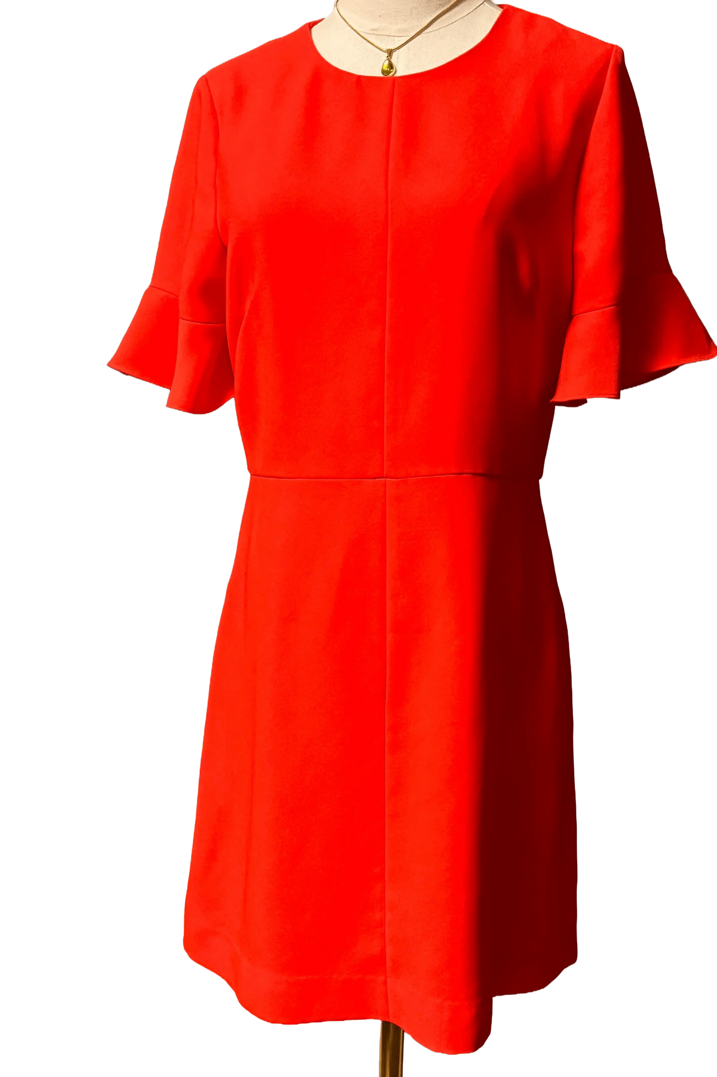 Red Banana Republic dress with flutter sleeves on mannequin, gold necklace visible
