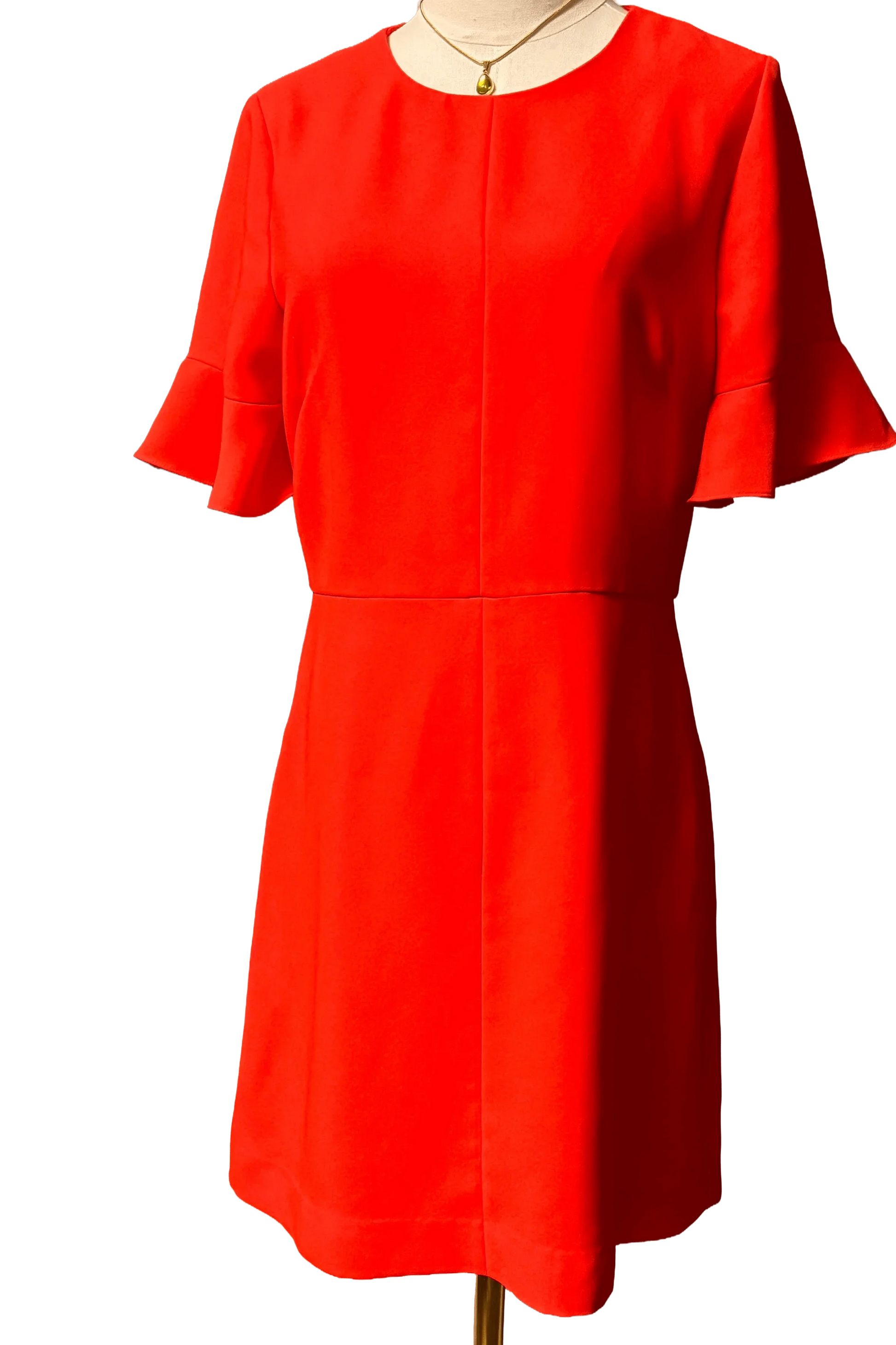 Red Banana Republic dress with flutter sleeves on mannequin, gold necklace visible