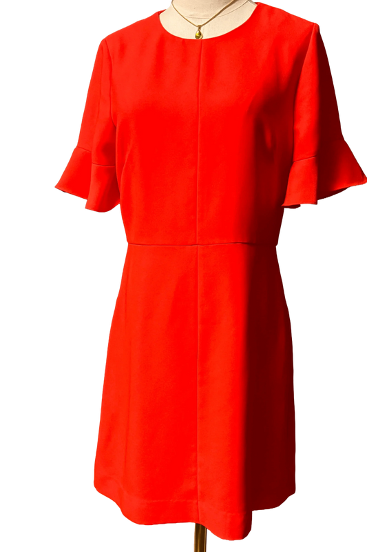 Red Banana Republic dress with flutter sleeves on mannequin, gold necklace visible