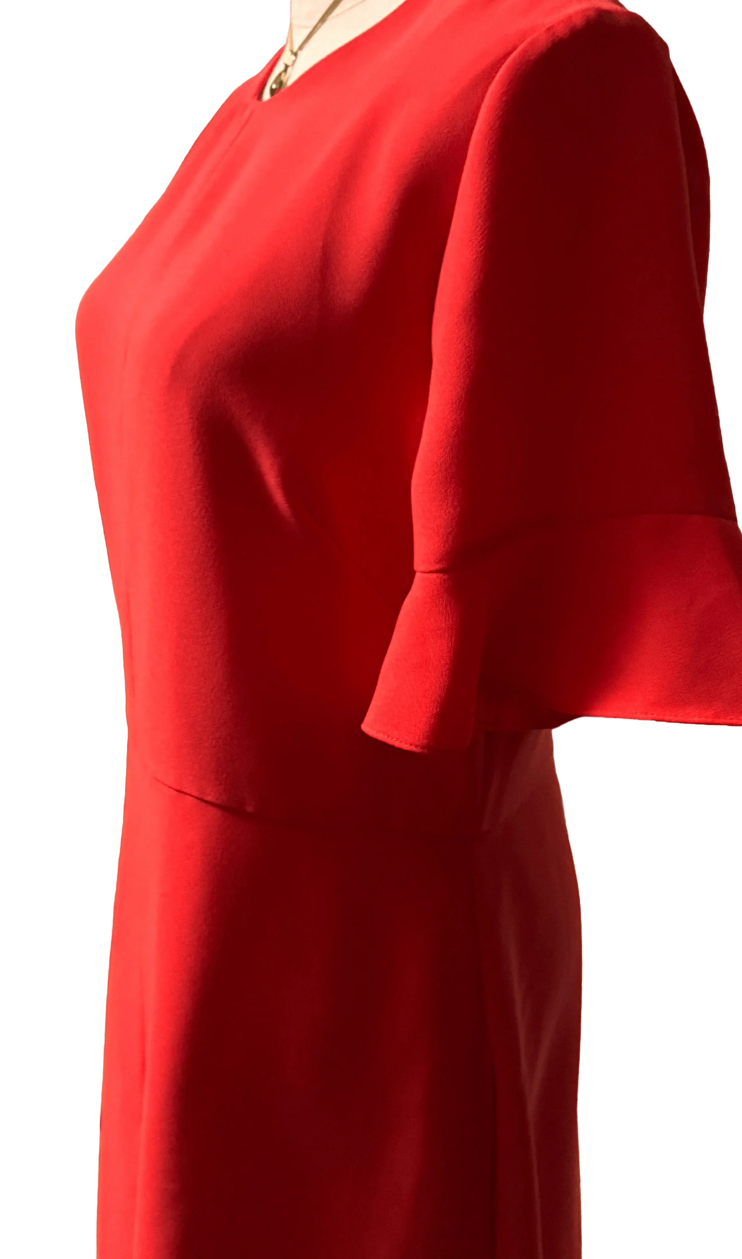 Side view of Banana Republic red dress with flutter sleeves on black background