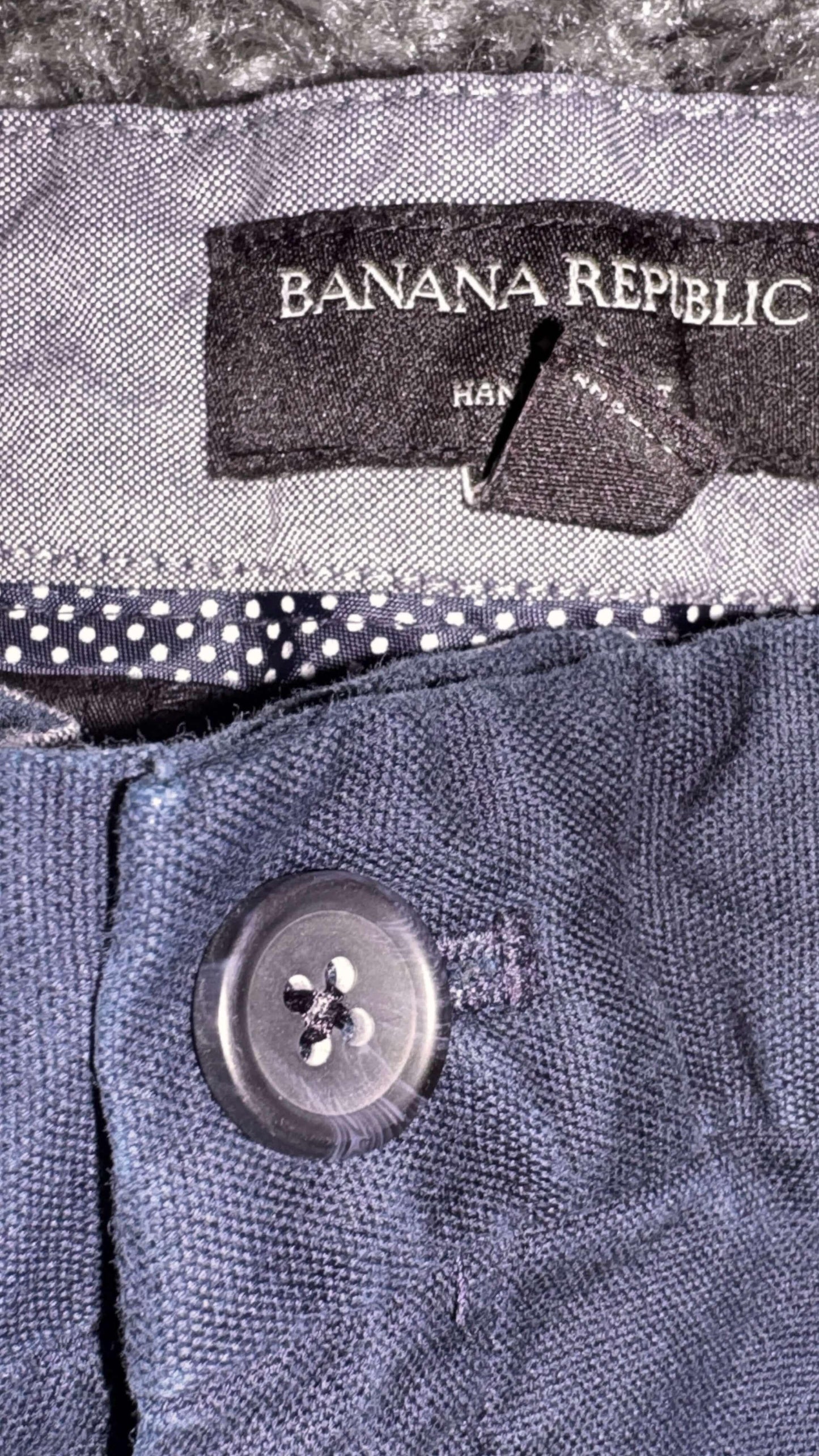 Banana Republic chino pants tag, navy blue button, polka dot waistband lining