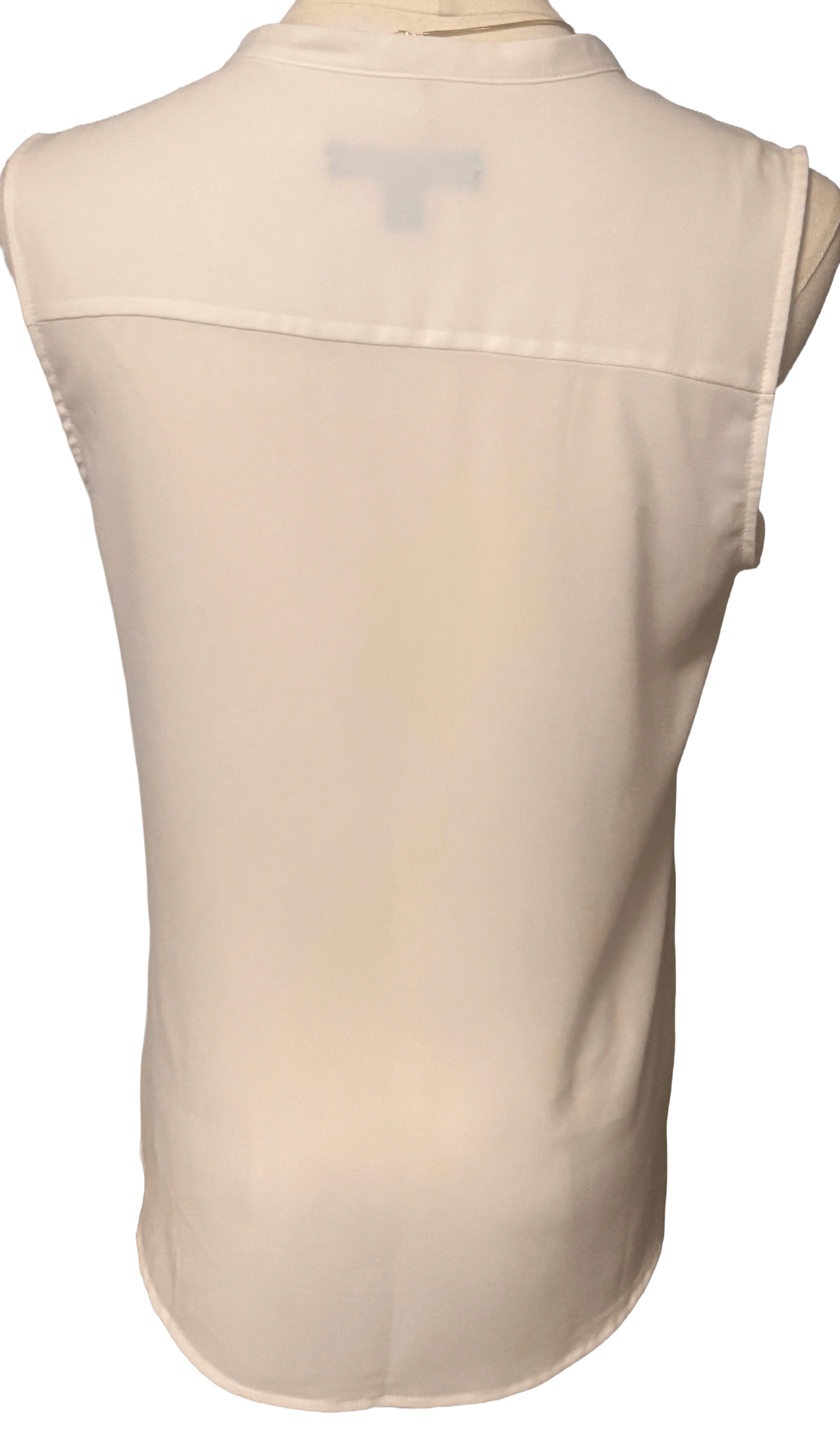 Back view of sleeveless white Banana Republic blouse on mannequin