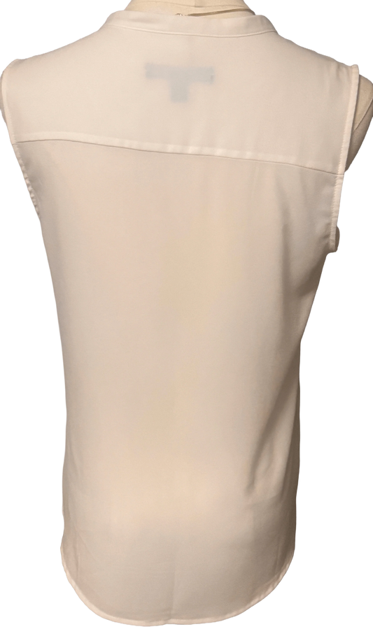 Back view of sleeveless white Banana Republic blouse on mannequin