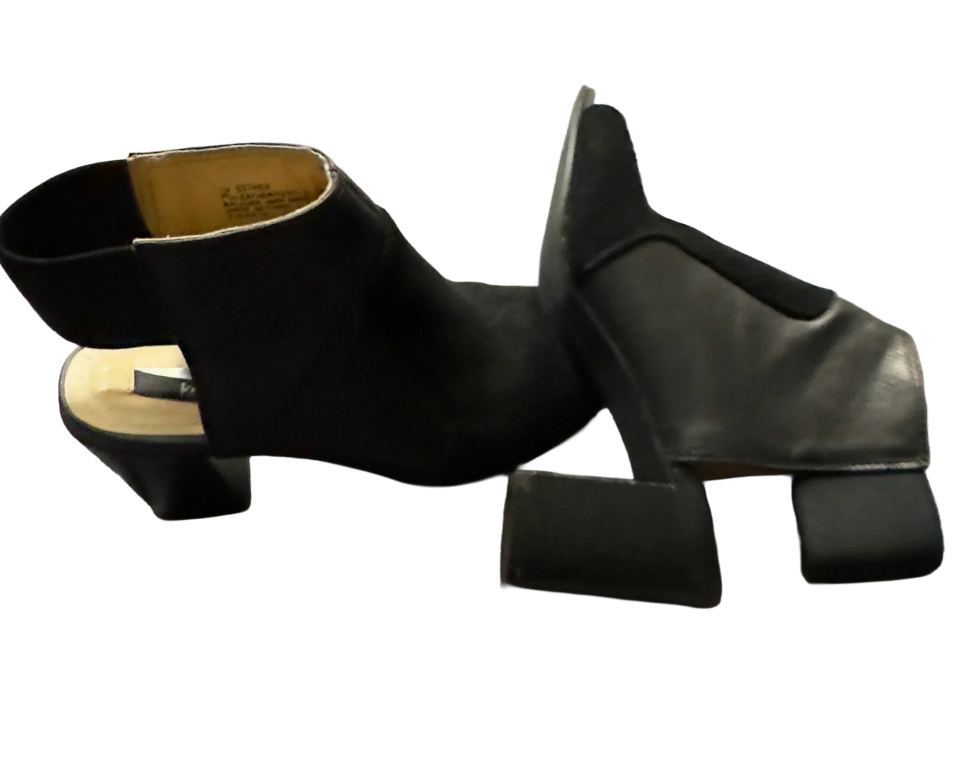 Black block heel ankle boots with open back and unique square toe, fashion footwear