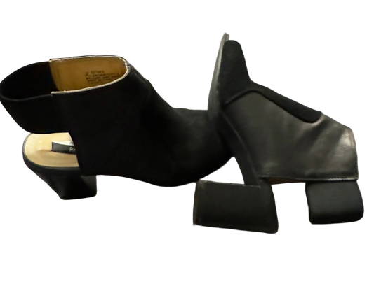 Black block heel ankle boots with open back and unique square toe, fashion footwear