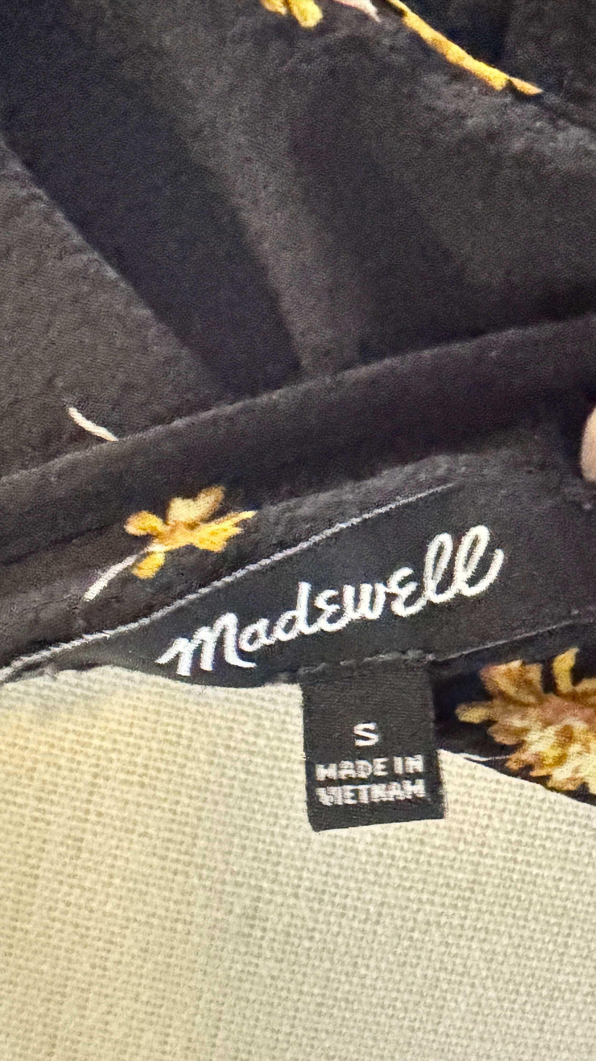 Madewell black dress tag with yellow flowers, size small, made in Vietnam