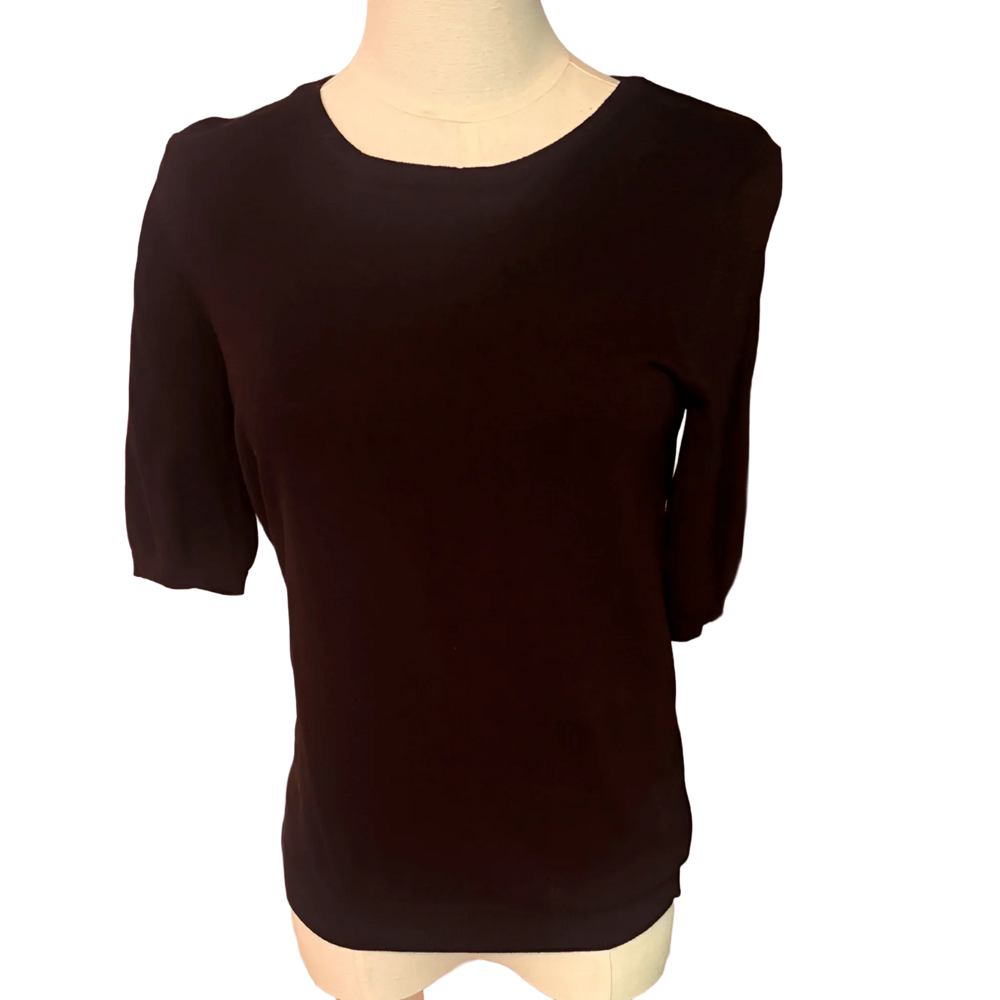 Black short sleeve crew neck sweater on mannequin, front view