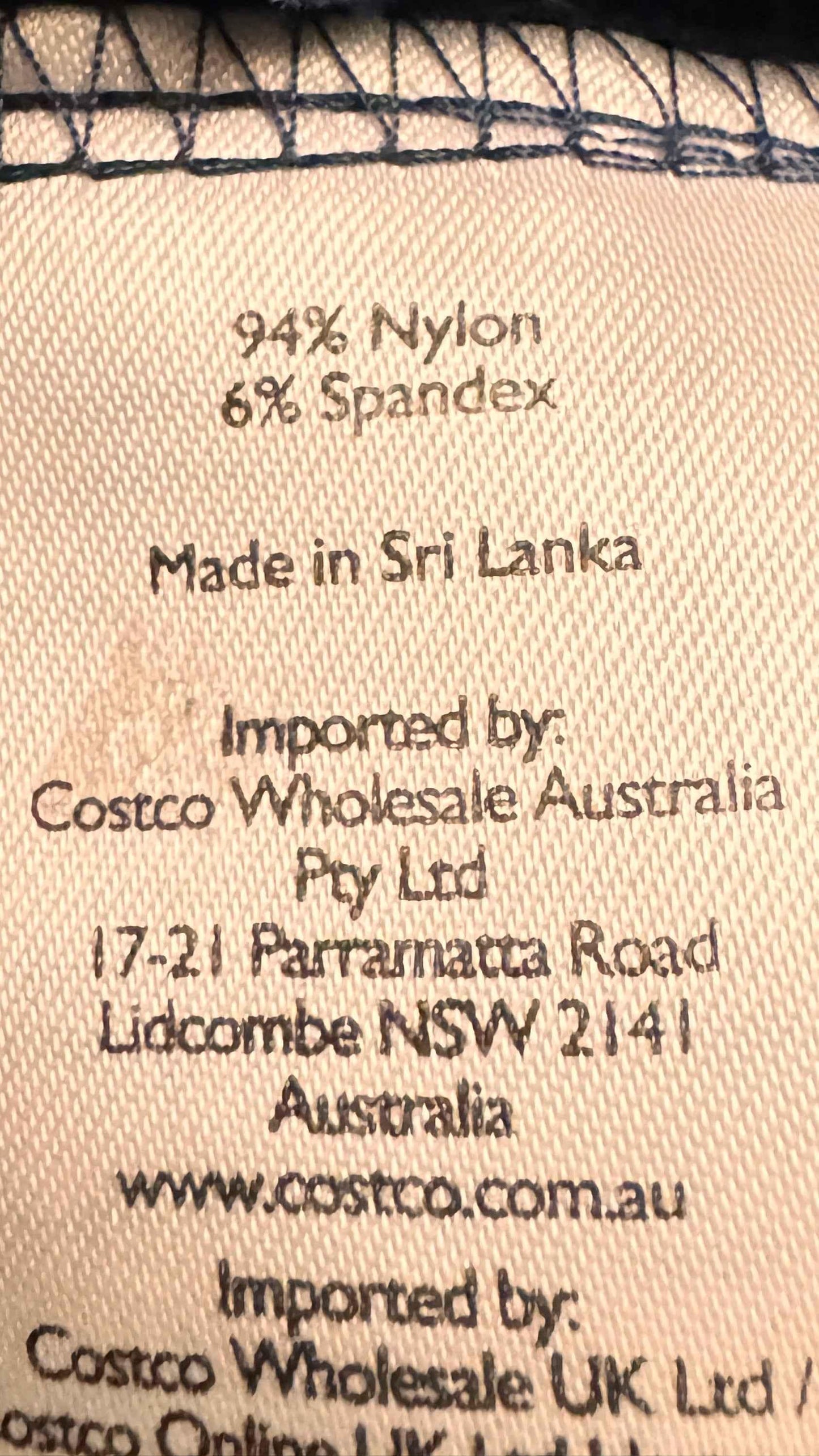 Blazer clothing label showing 94% nylon, 6% spandex, made in Sri Lanka, imported by Costco Australia.
