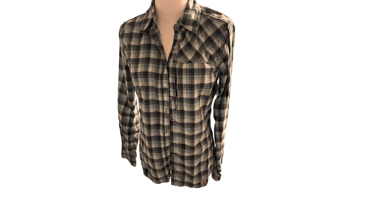 Carhartt flannel shirt in brown plaid pattern with long sleeves and button front