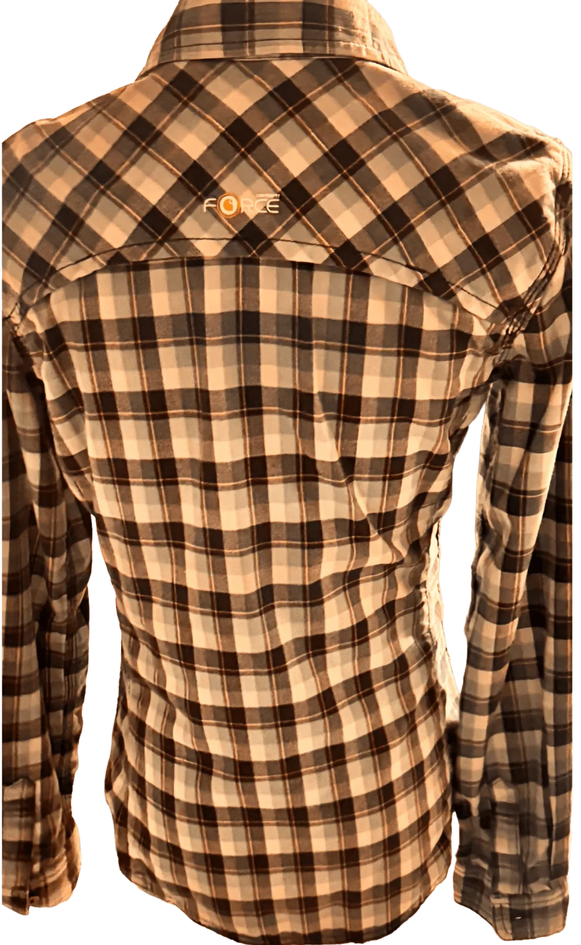 Back view of Carhartt plaid flannel shirt with FORCE logo, long sleeves, brown and beige checks