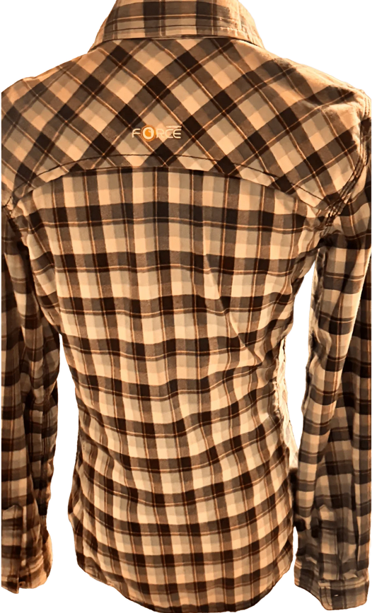 Back view of Carhartt plaid flannel shirt with FORCE logo, long sleeves, brown and beige checks