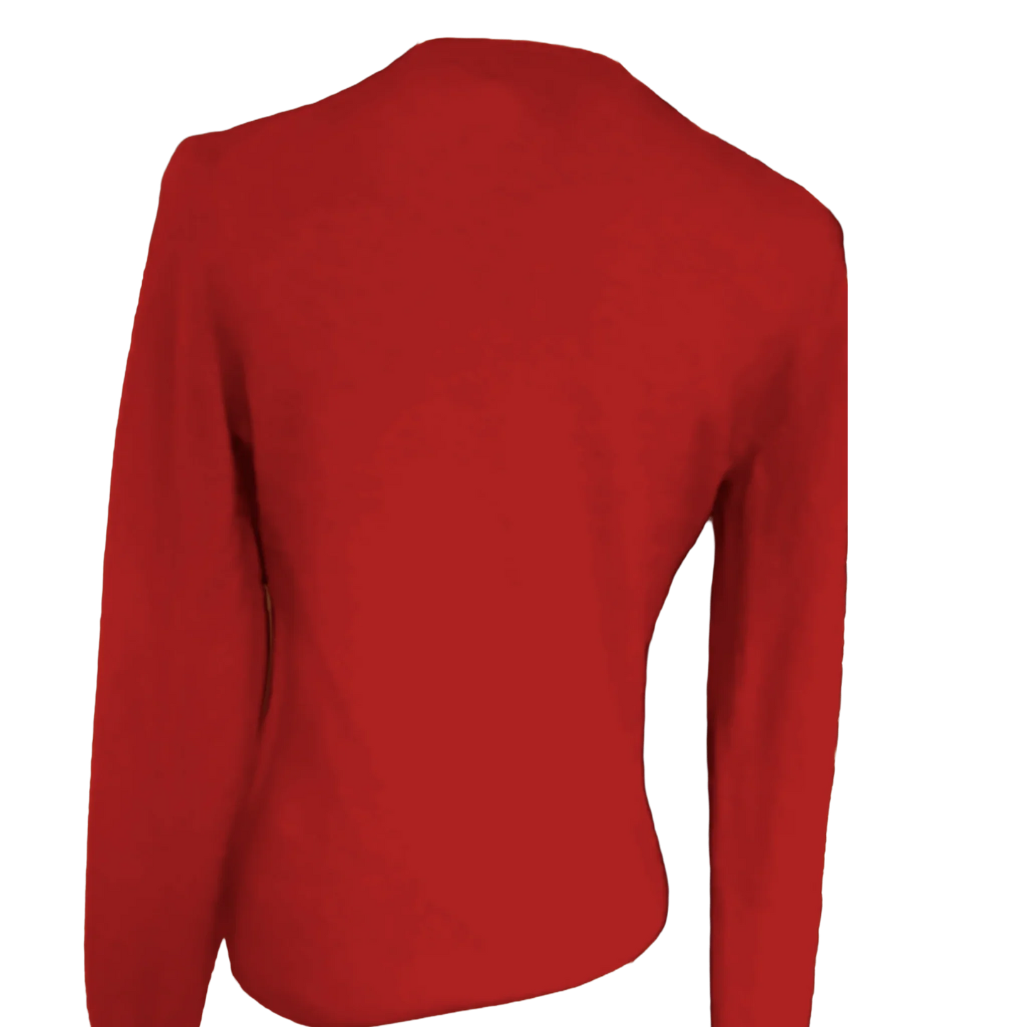 Back view of a bright red cashmere sweater with long sleeves on a plain background