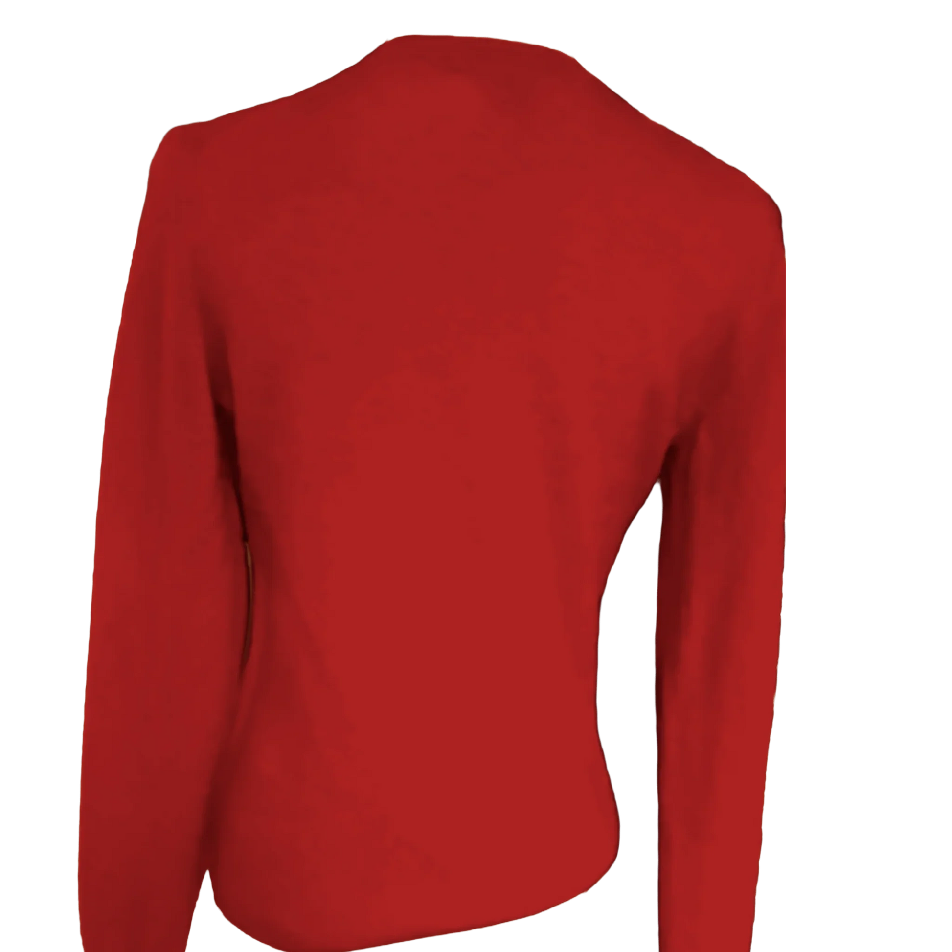 Back view of a bright red cashmere sweater with long sleeves on a plain background