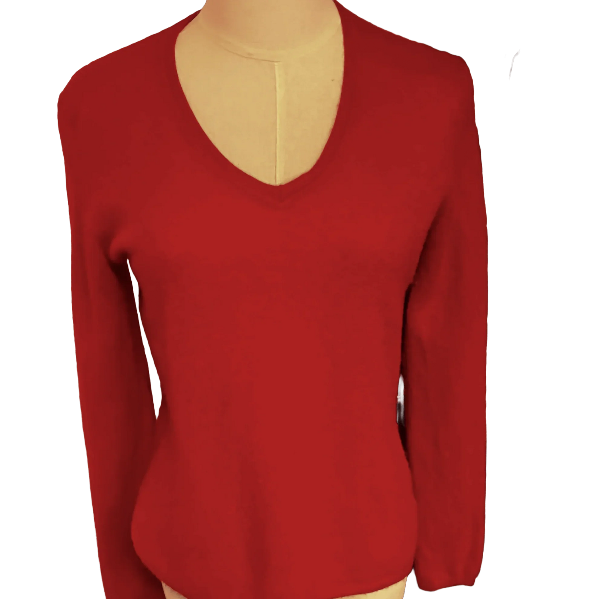 Red cashmere V-neck sweater with long sleeves on mannequin