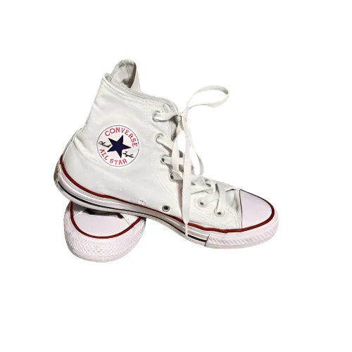 White Converse Chuck Taylor high top sneakers with red and blue logo on white background