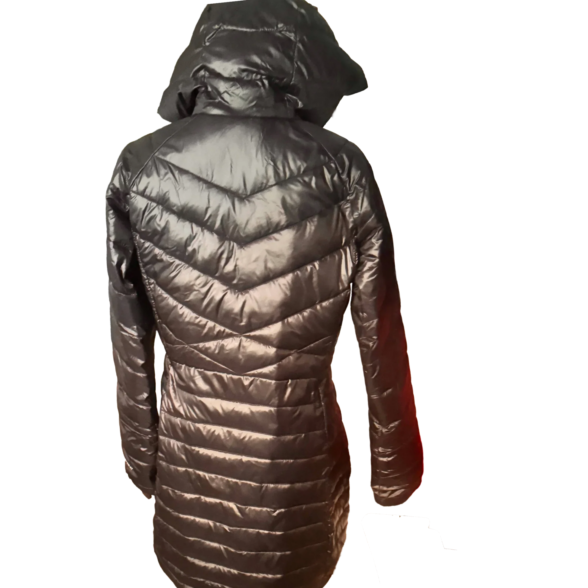 Black Columbia women's winter puffer jacket with hood, rear view