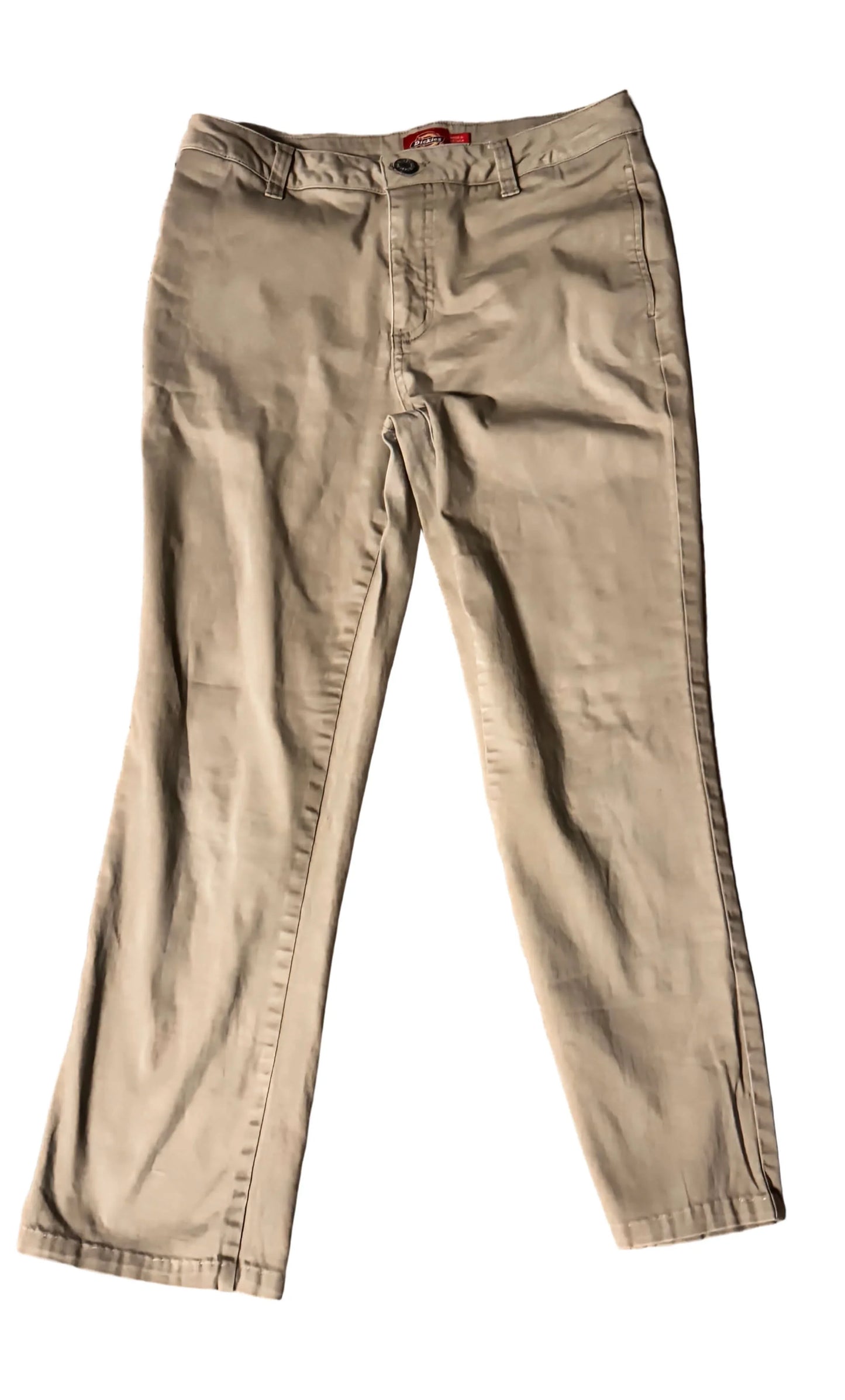 Dickies tan pants flat lay on white background, straight leg workwear trousers
