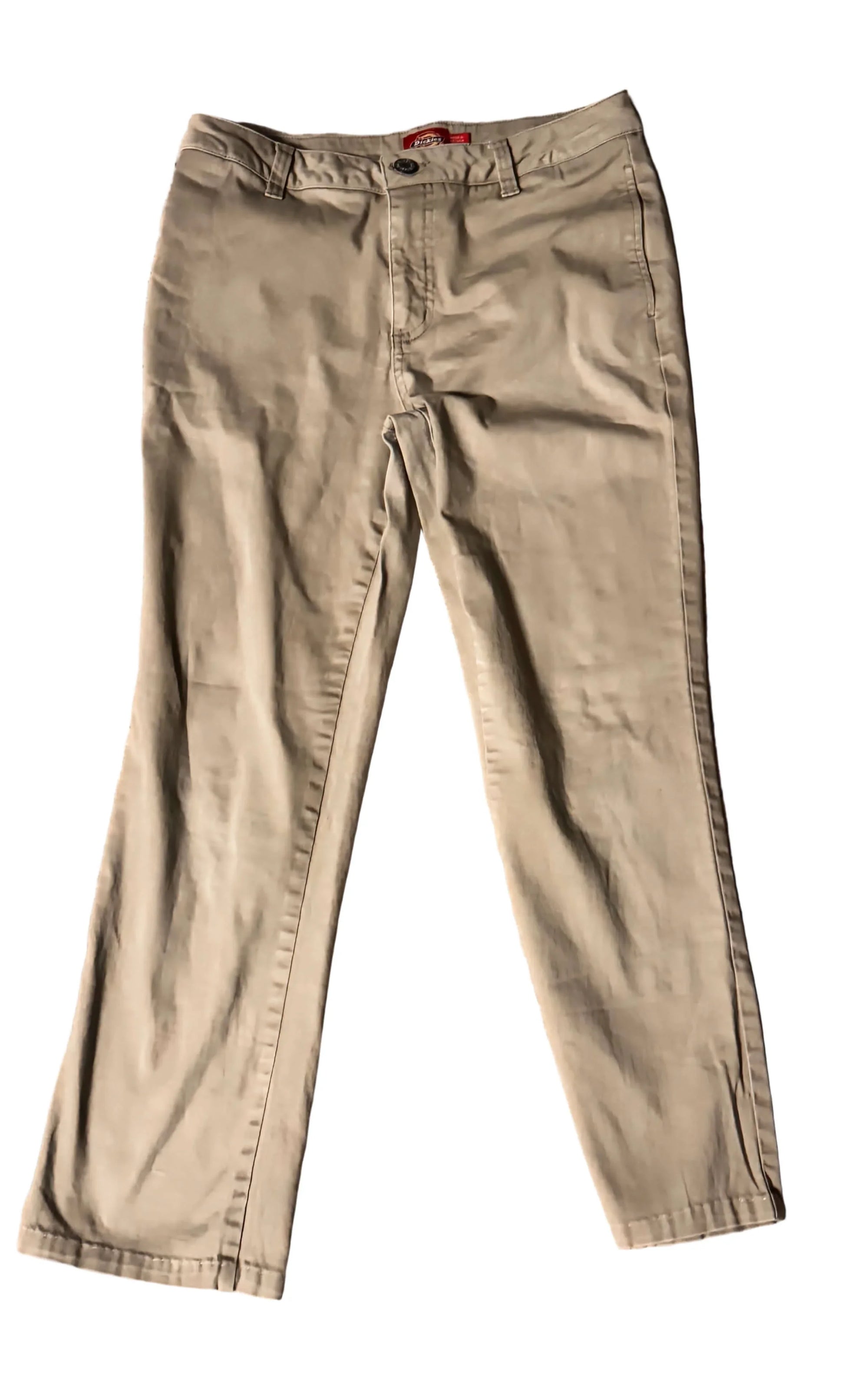 Dickies tan pants flat lay on white background, straight leg workwear trousers