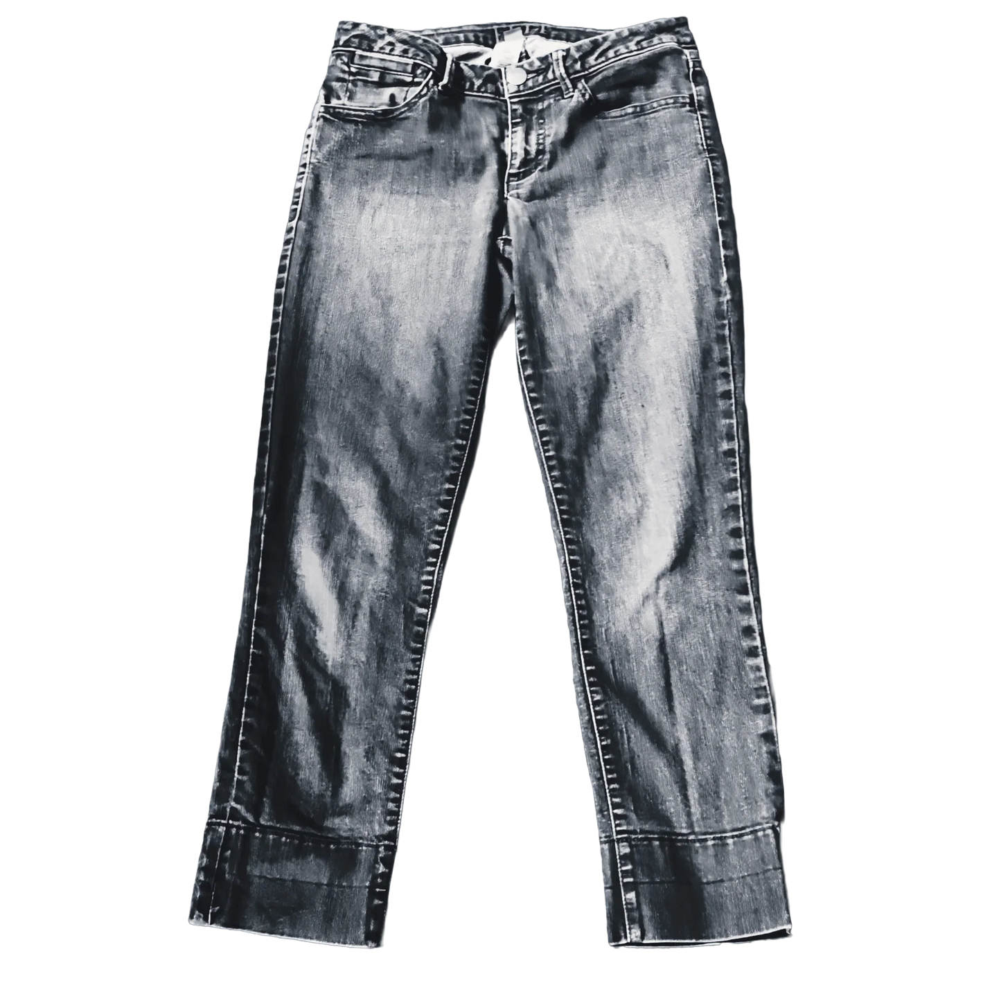 Front view of washed denim jeans with cuffed hems on a white background
