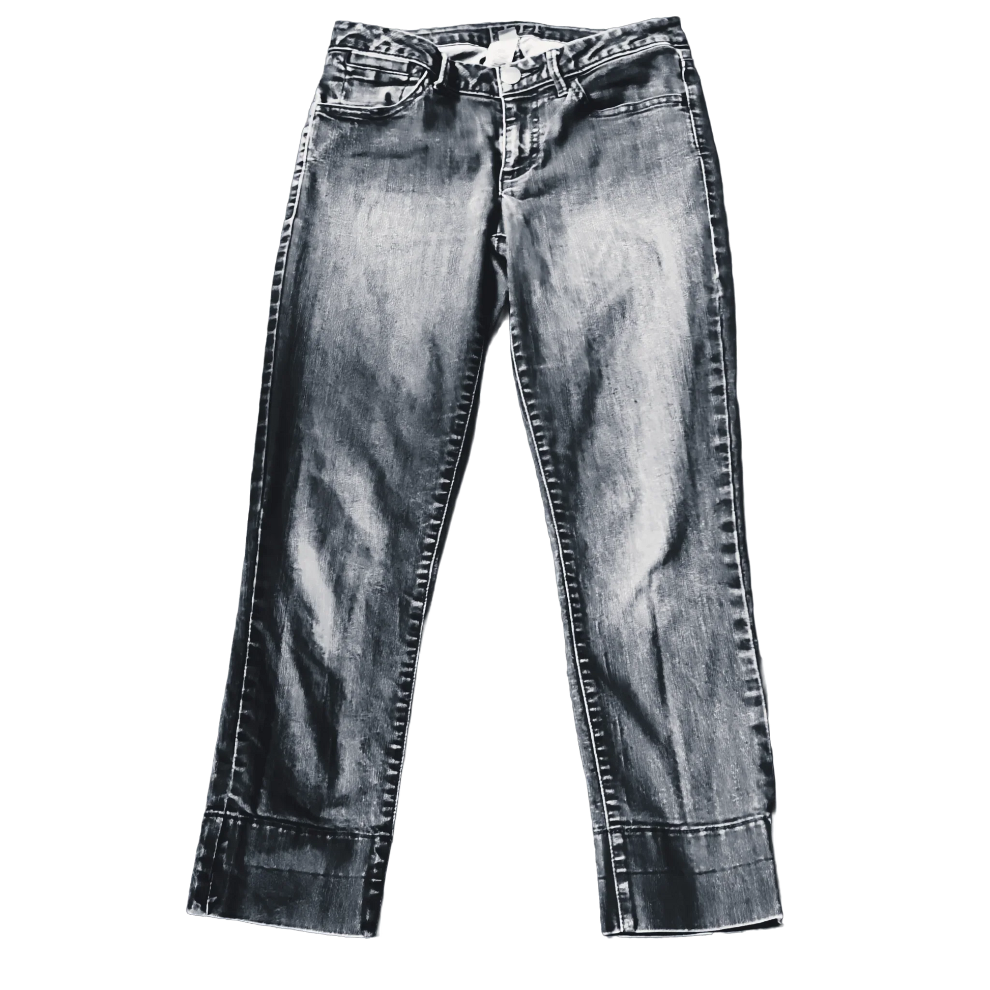 Front view of washed denim jeans with cuffed hems on a white background