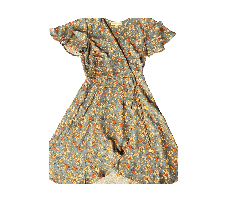 Green floral wrap dress with short flutter sleeves and orange and yellow flower print