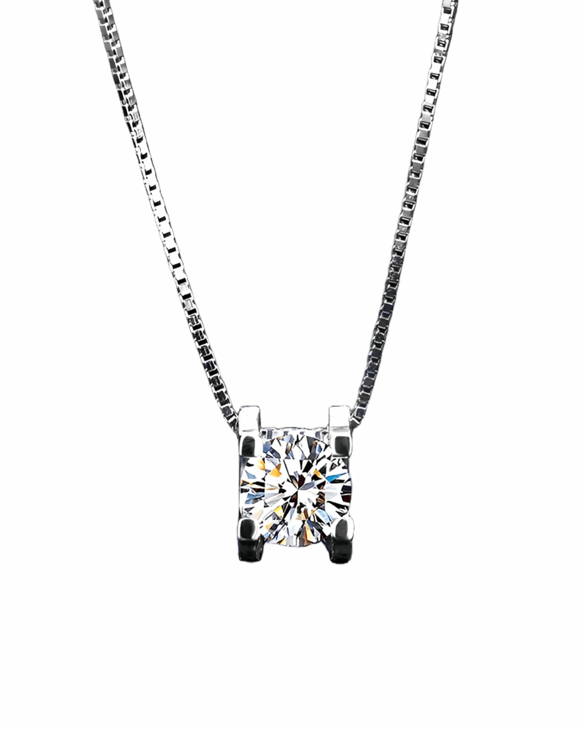 Lab grown moissanite pendant necklace with square box chain on white background
