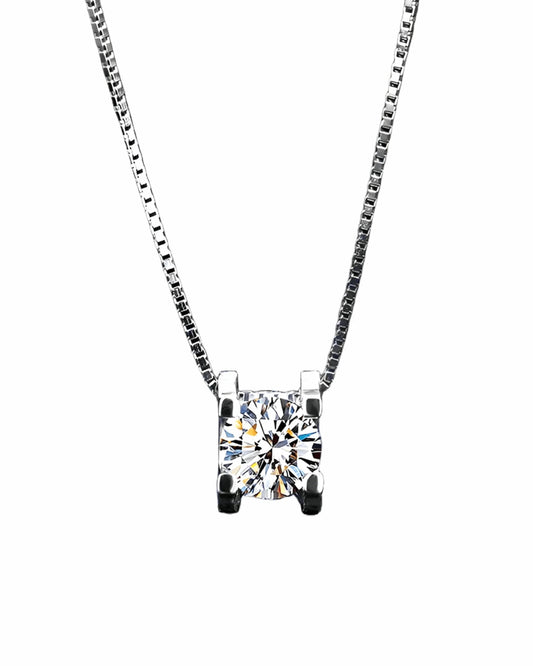 Lab grown moissanite pendant necklace with square box chain on white background