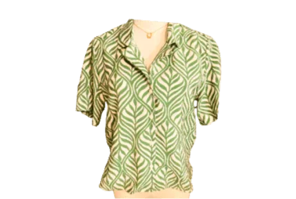 Green and white leaf print short sleeve blouse on mannequin, front view
