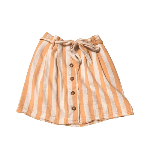 Hollister orange striped skirt with front buttons and waist tie, laid flat on white background
