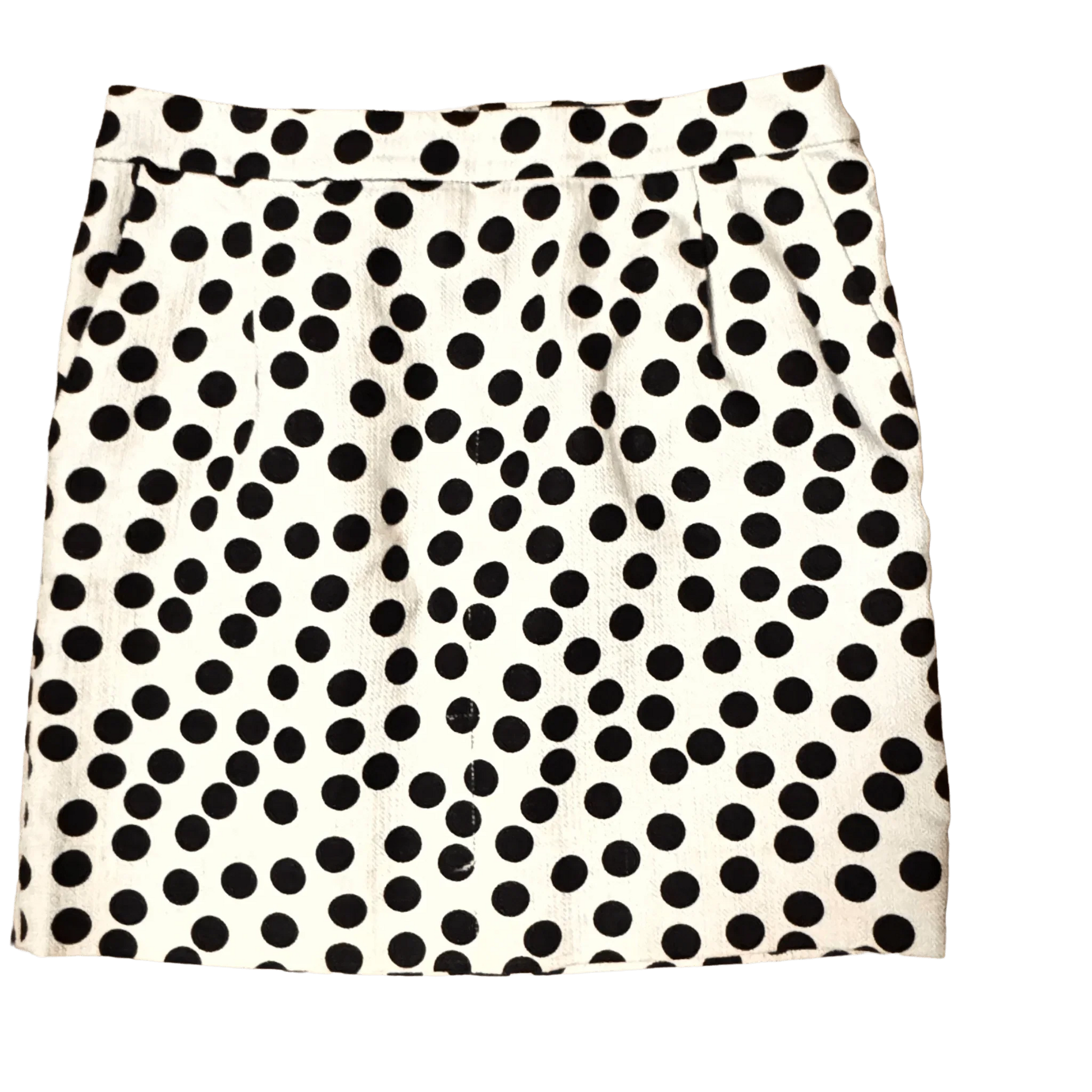 White J.Crew polka dot skirt with black spots, straight cut, on plain background