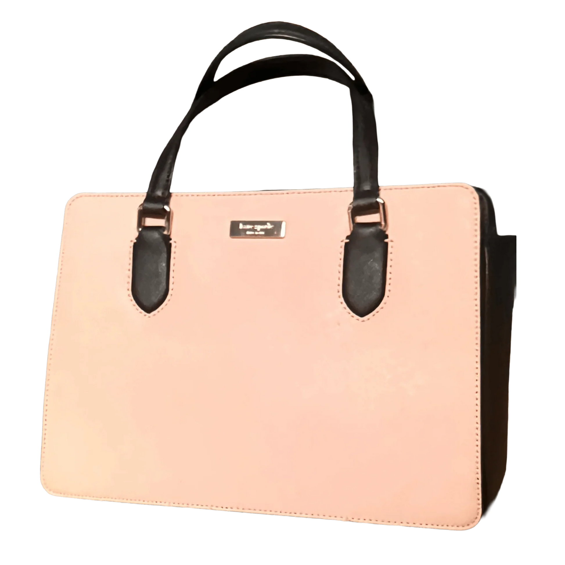 Kate Spade pink handbag with black handles and gold logo on front