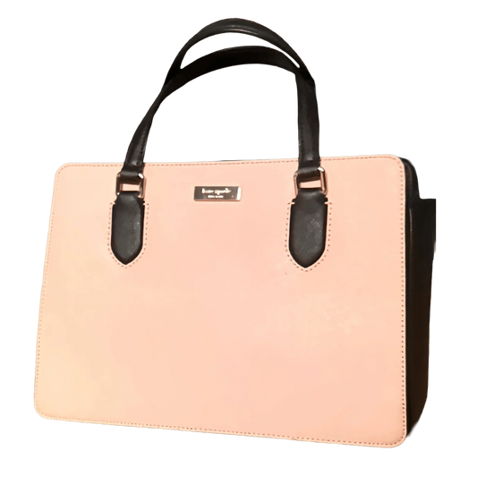 Kate Spade pink handbag with black handles and gold logo on front
