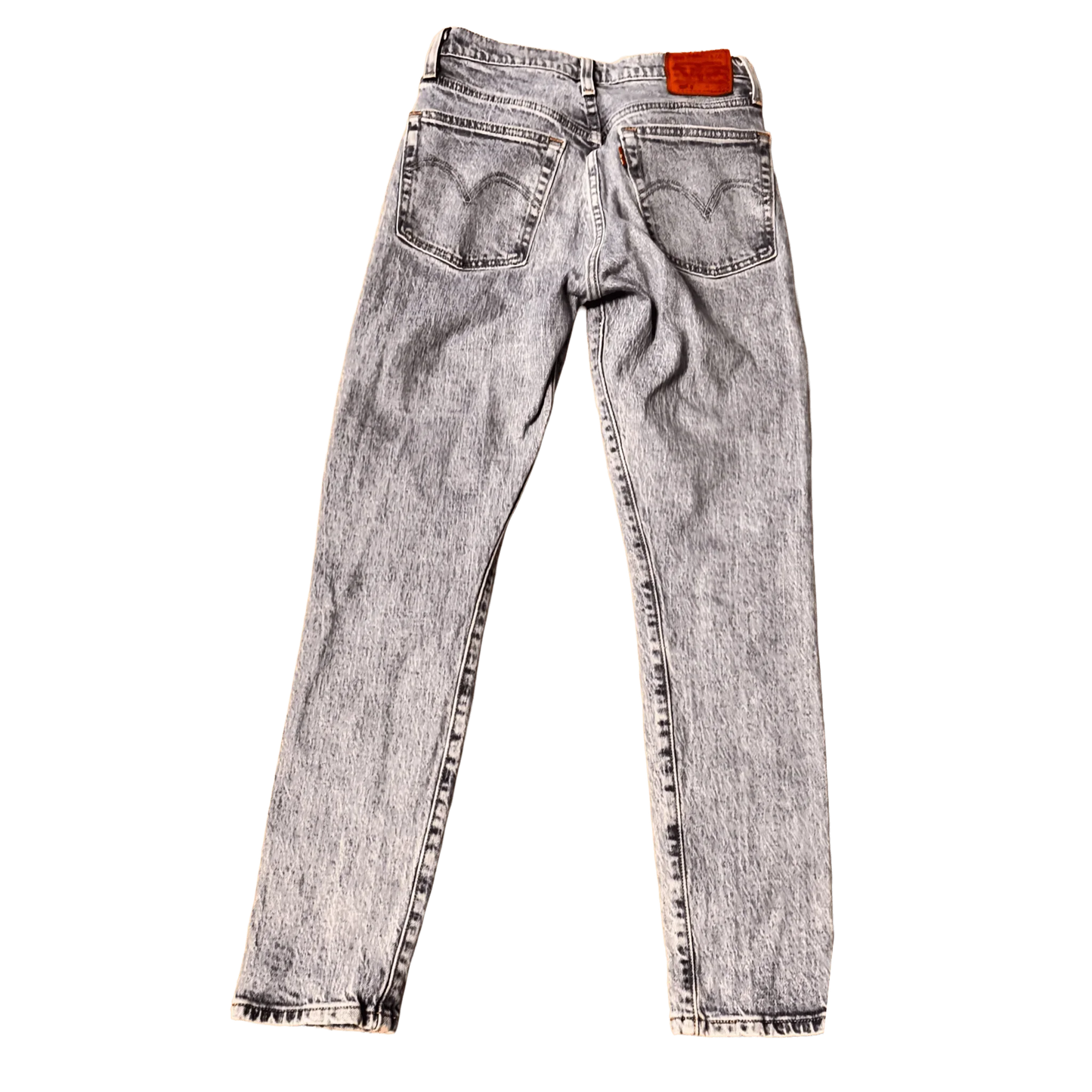 Levi's classic light washed jeans rear view, vintage denim with leather patch