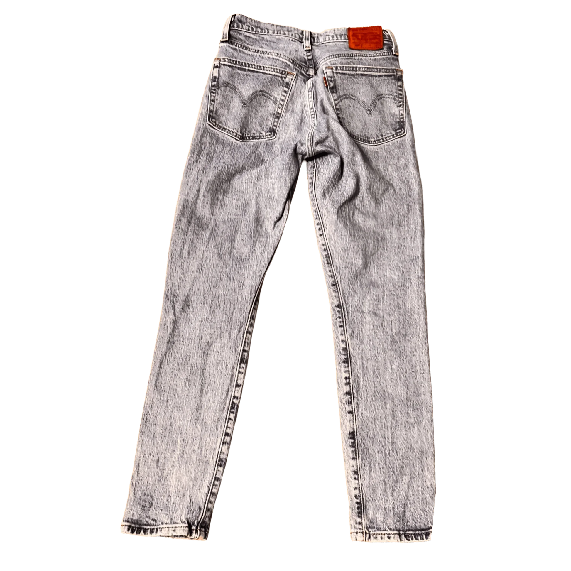 Levi's classic light washed jeans rear view, vintage denim with leather patch