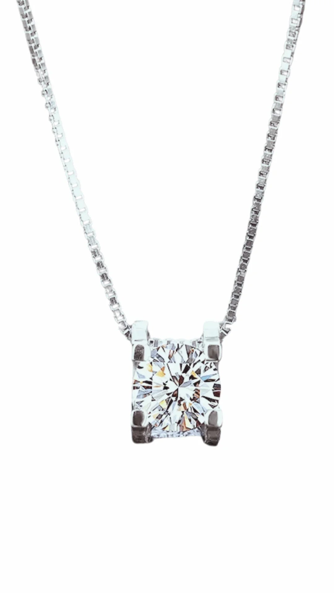 Moissanite solitaire pendant necklace with square box chain on white background