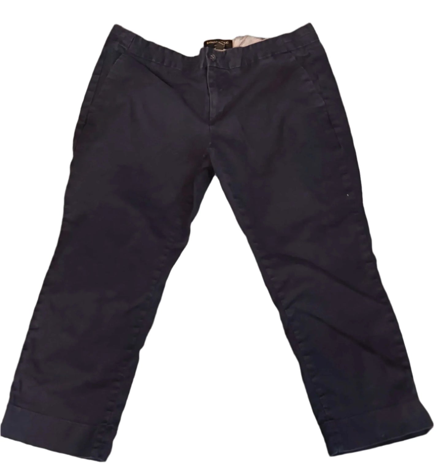 Navy blue petite chino pants with front pockets on white background