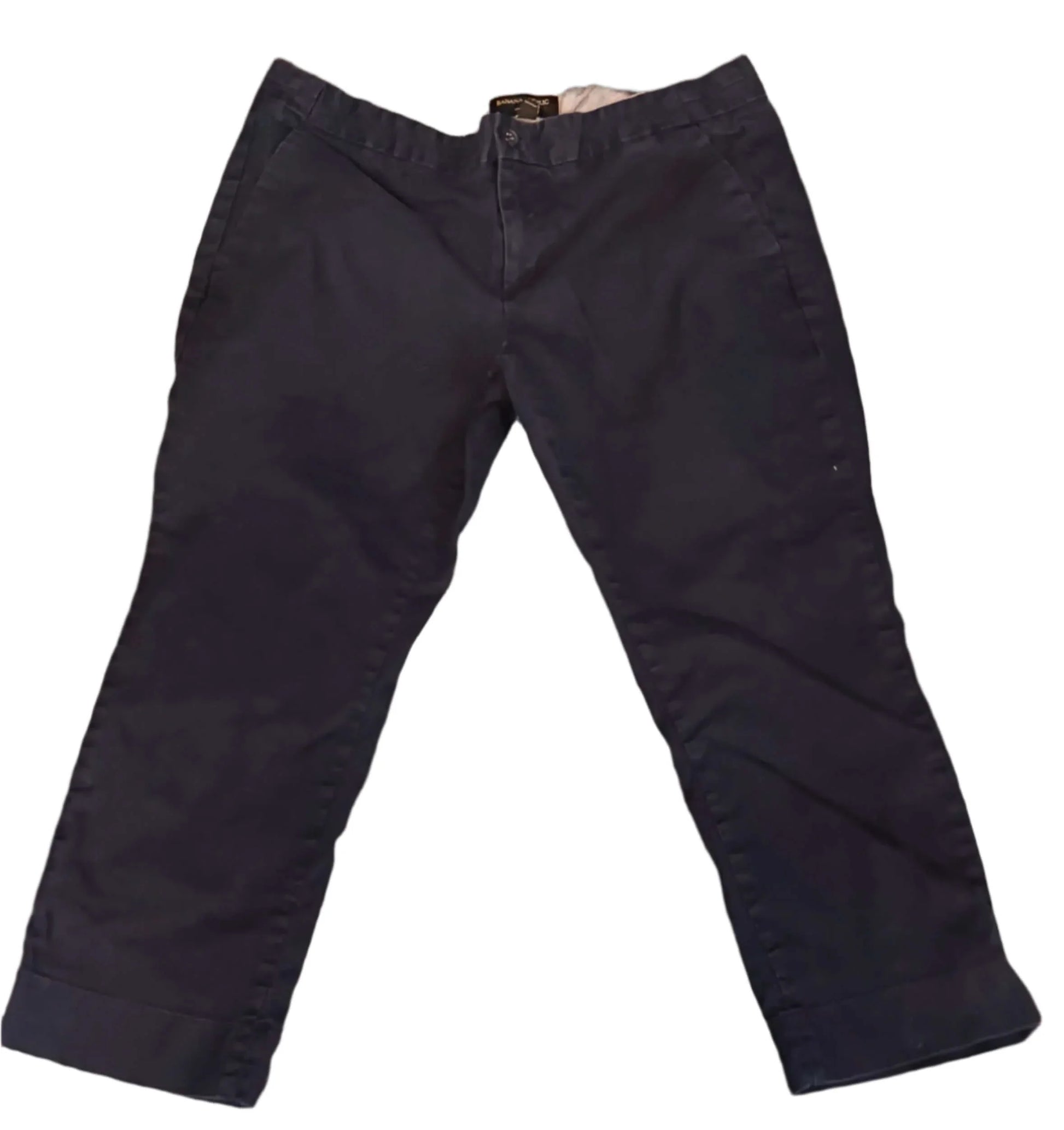 Navy blue petite chino pants with front pockets on white background