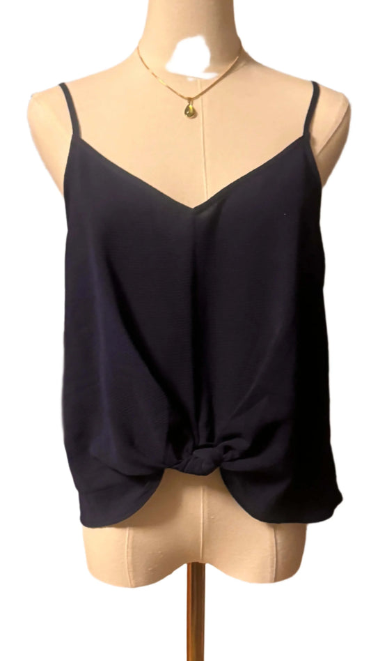 Navy sleeveless blouse with knot front on mannequin, V-neck, thin straps