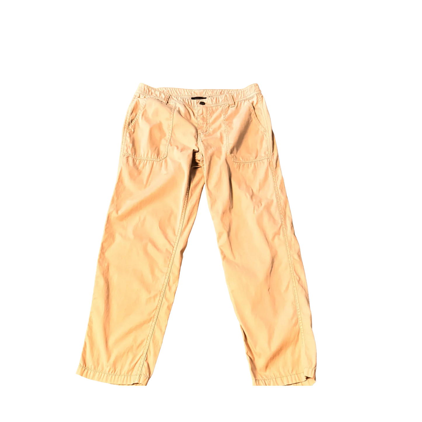 Khaki Pendleton pants with elastic waistband and front pockets on white background